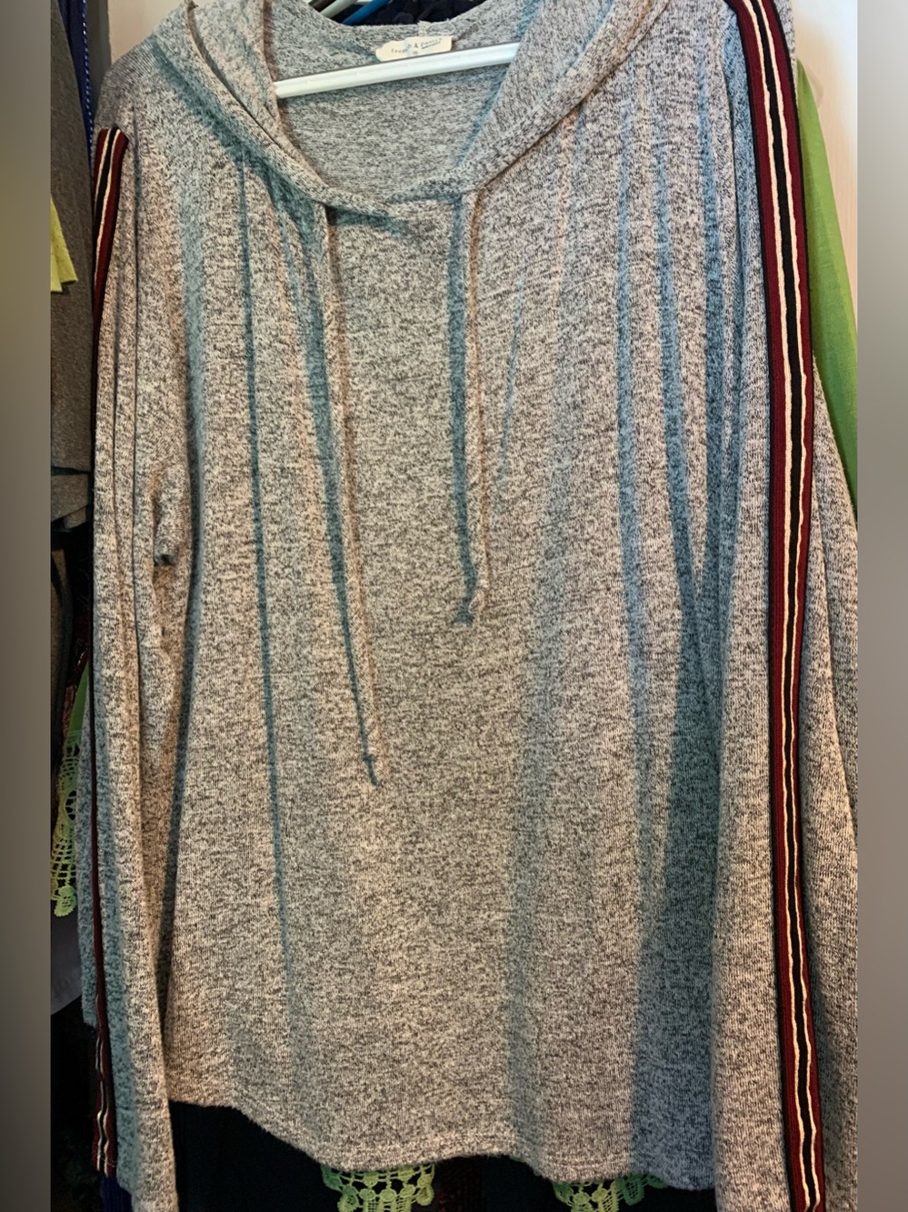 Brand is French Pastry.Gray Hooded Long-Sleeve Shirt with Striped Sleeve Accents